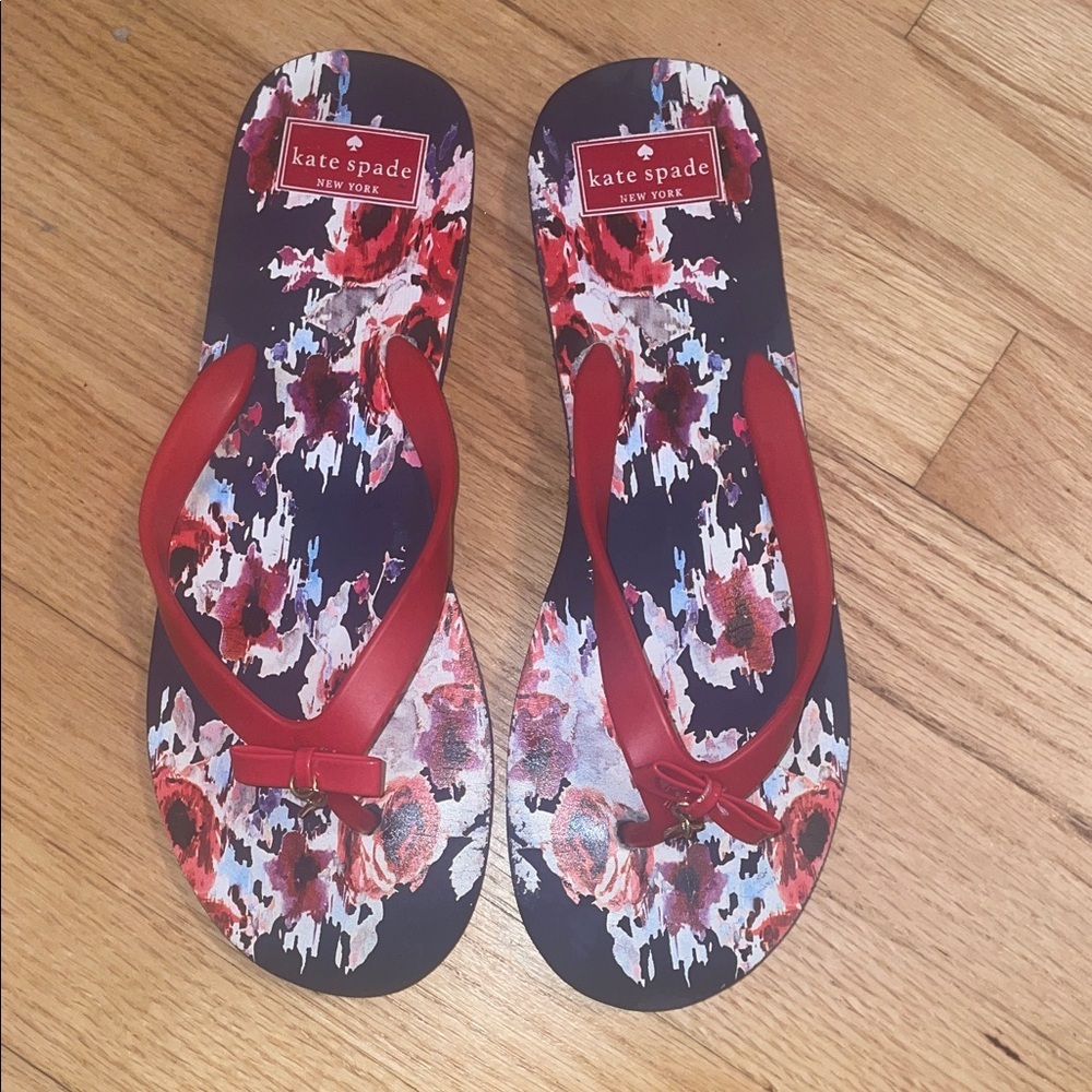 Kate Spade Black and Red Floral Flip Flops - Picture 2 of 7